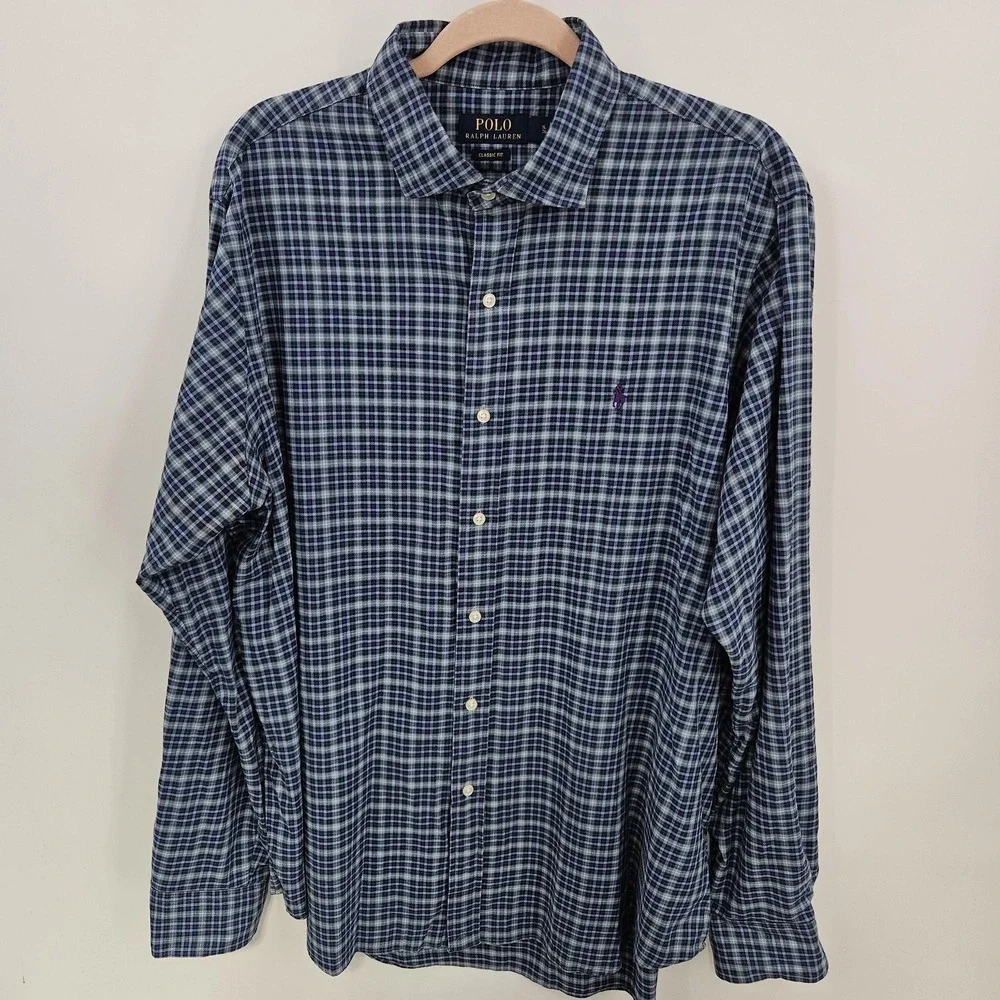 Polo Ralph Lauren Shirt Men XL Blue Plaid Classic Fit Preppy Coastal‎ Holiday